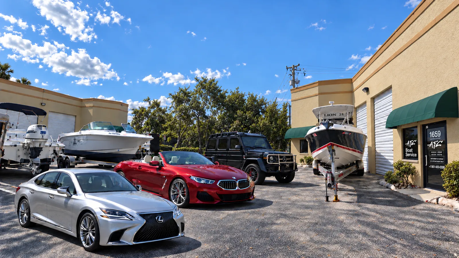 Cars and boats outside the Auto Fashion Club shop in Pompano Beach