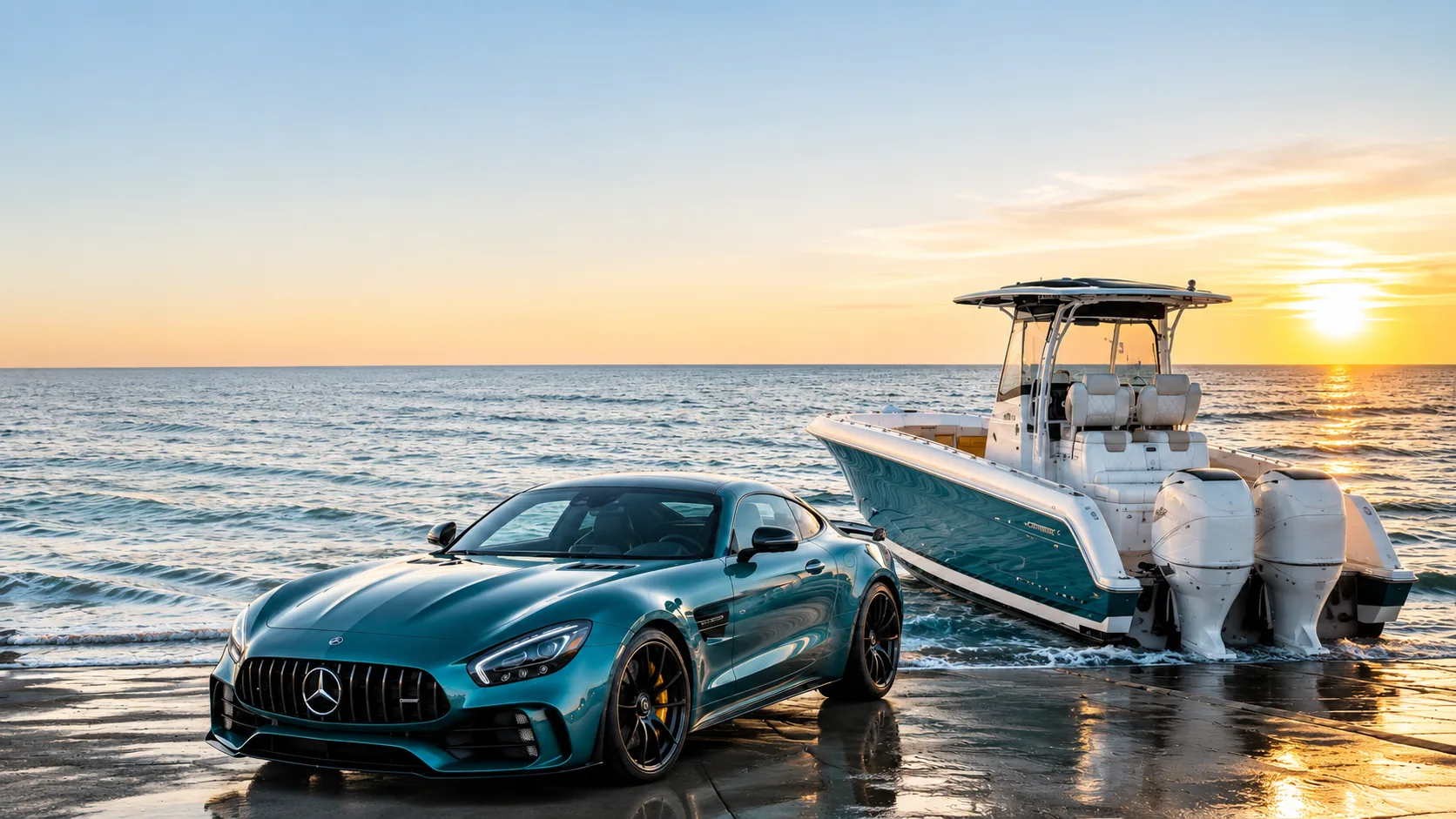 Mercedes-AMG GT and a Cigarette center-console boat at the water's edge at sunset