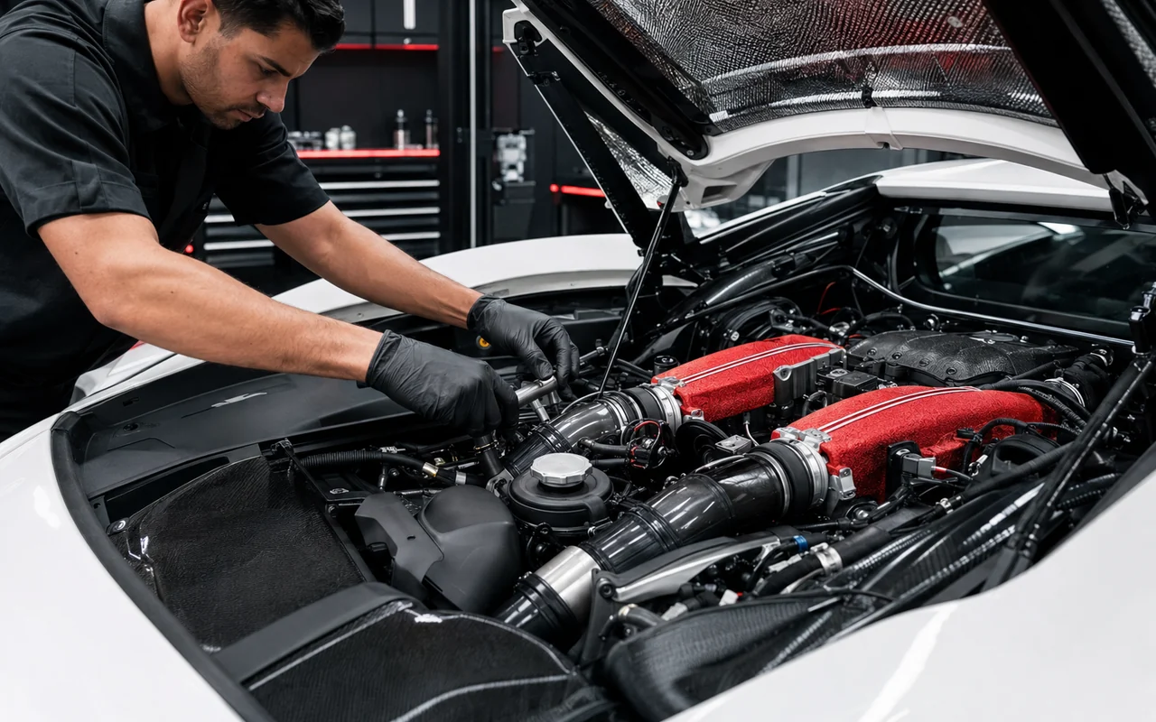 Engine bay service on an exotic car