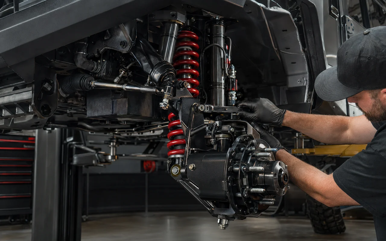 Suspension and portal axle work on a lifted vehicle