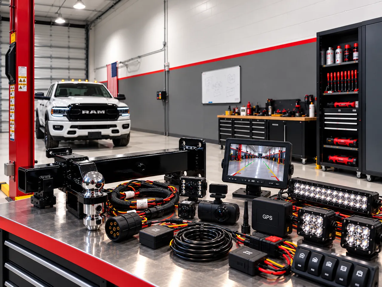 Trailer hitch, cameras, a monitor and light bars laid out on a workshop bench